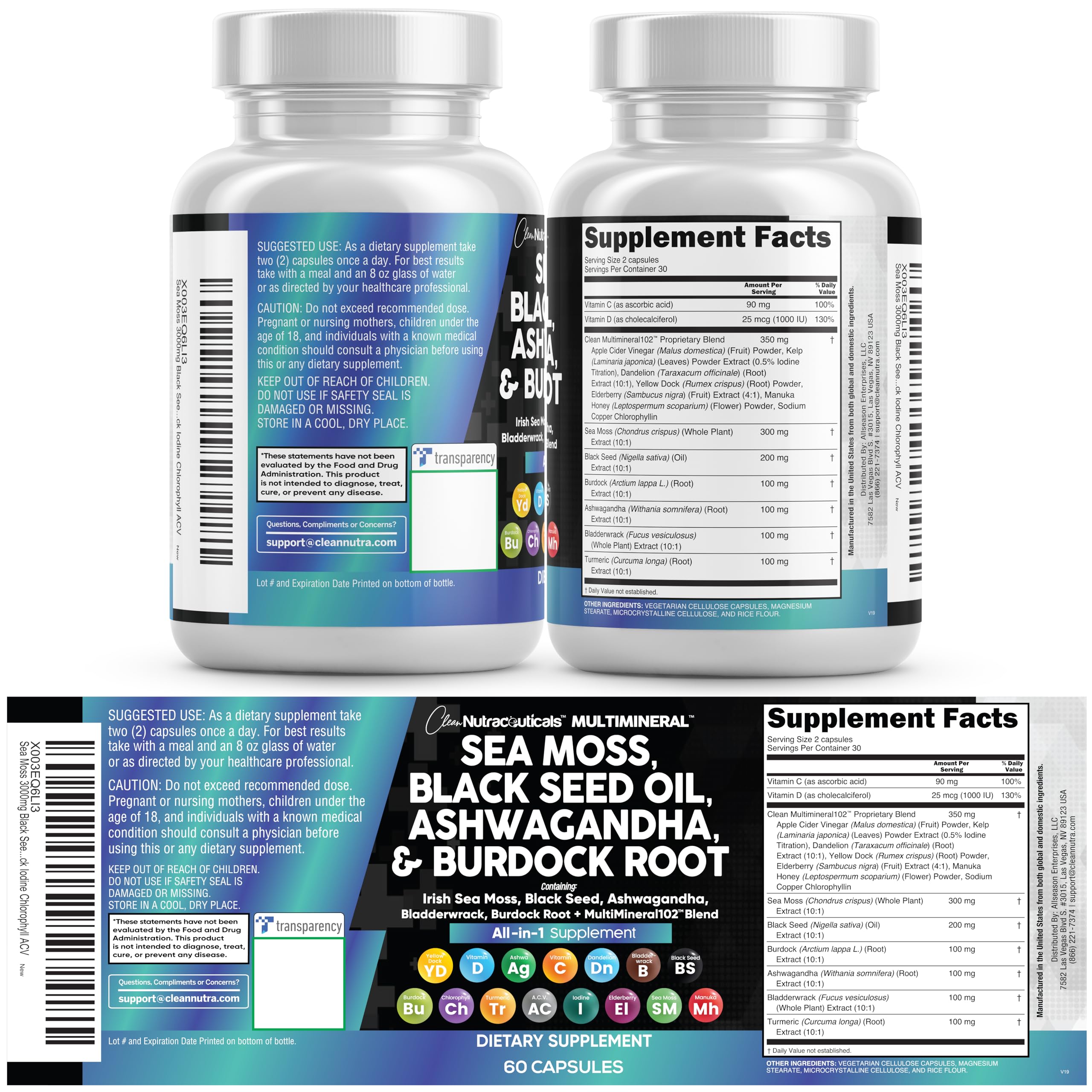 Clean Nutraceuticals Sea Moss Black Seed Oil Ashwagandha Turmeric Bladderwrack Burdock & Vitamin C Vitamin D3 with Elderberry Manuka Dandelion Yellow Dock Iodine Chlorophyll ACV Clean NutraceuticalsBuy Supplements Australia