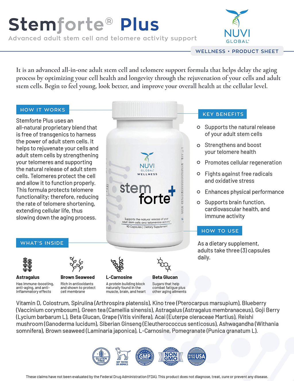 NuVi Global Stemforte Plus Stem Cell and Telomere Supplements – Cell Regeneration, Cell Growth & Telomere Support for Healthy Aging & Cellular Health – 90 Capsules for Men & Women NuVi Global buy supplements Au