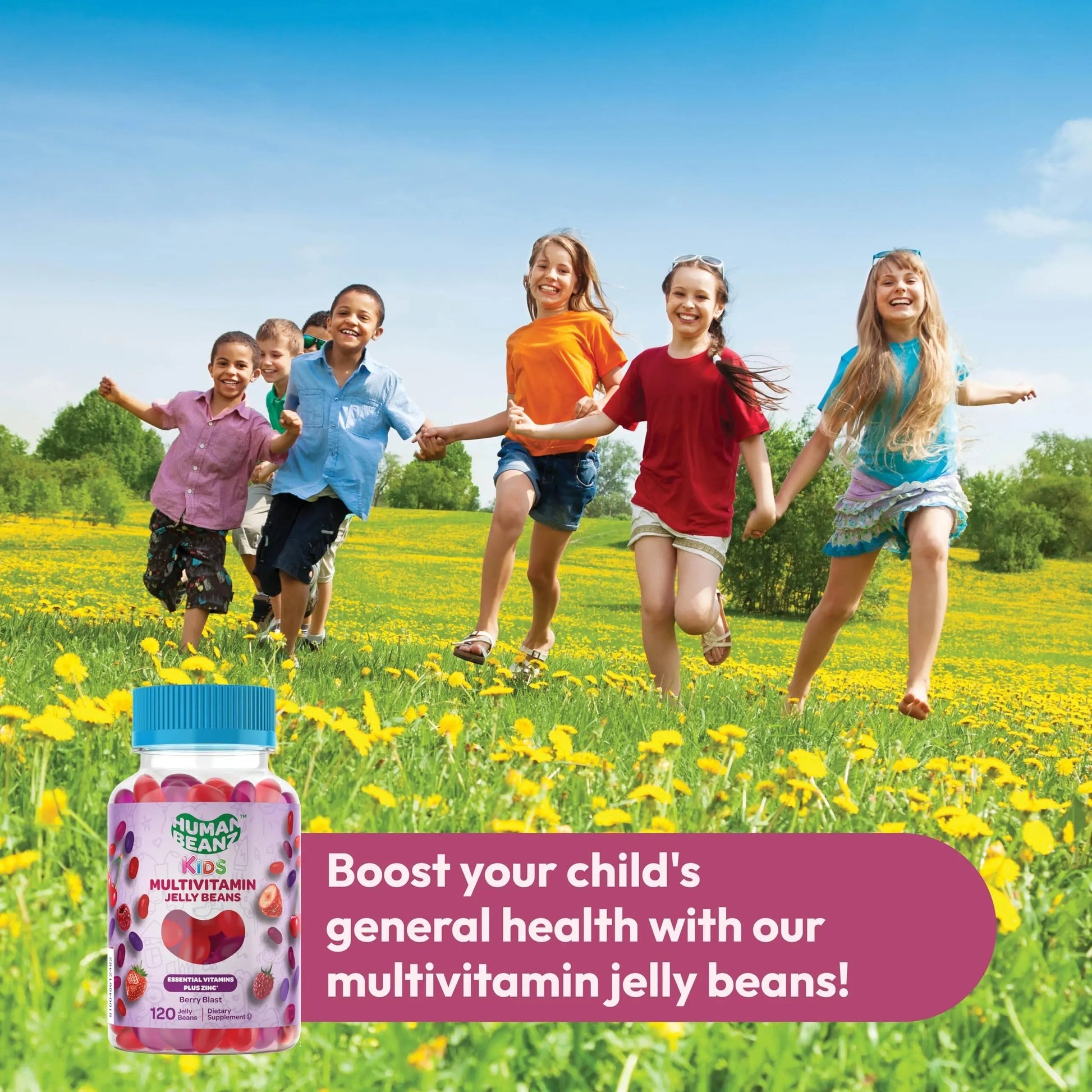 Human Beanz Multivitamin Jelly Bean Gummies with Zinc for Kids, Immune Support Dietary Supplements, Vegetarian, 120 Berry Blast Jelly Beans, Kosher Human Beanz