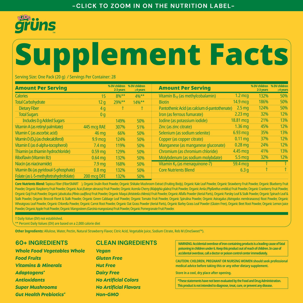 Gruns Multivitamin for Kids, Super Greens Gummies, Superfood Gummy Bears with 20+ Vitamins & Minerals, Spirulina, Chlorella, Alfalfa, Prebiotics Fiber for Digestive Health