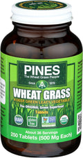 Bottle of Pines Wheat Grass tablets with green label
