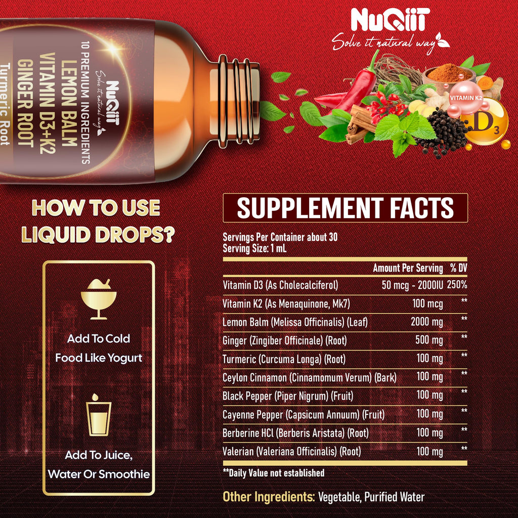 NUQIIT 10in1 Lemon Balm Tincture Blend Includes Vitamin D3, Vitamin K2, Lemon Balm, Ginger, Turmeric, Ceylon Cinnamon and More - 1 FL Oz - 60 Day Supply NUQIITBuy Supplements Australia