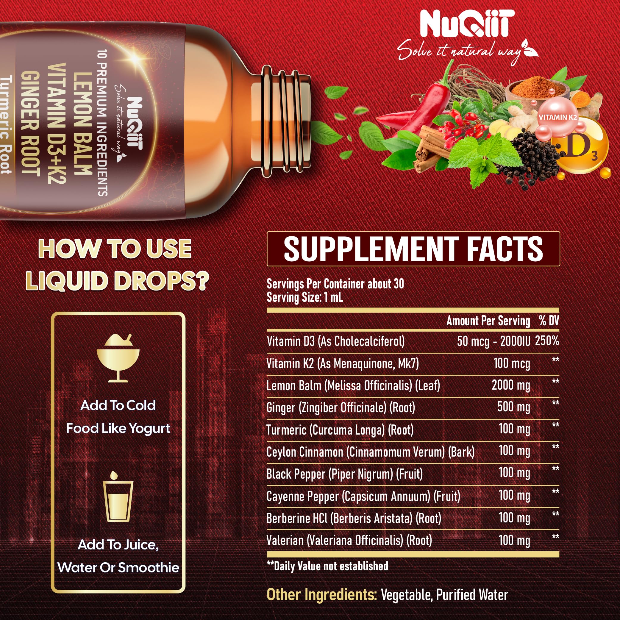 NUQIIT 10in1 Lemon Balm Tincture Blend Includes Vitamin D3, Vitamin K2, Lemon Balm, Ginger, Turmeric, Ceylon Cinnamon and More - 1 FL Oz - 60 Day Supply NUQIITBuy Supplements Australia