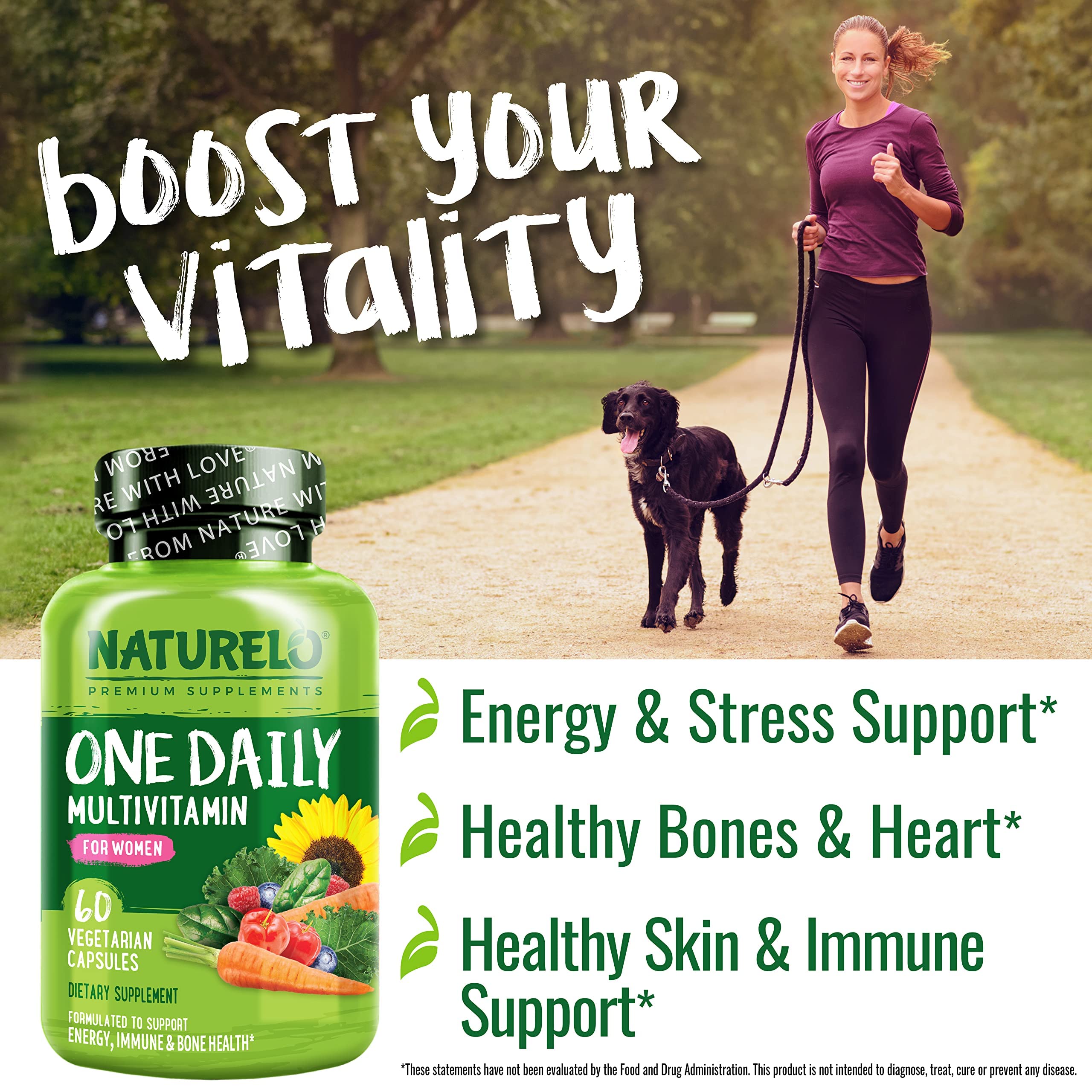NATURELO One Daily Multivitamin for Women w/Vitamin B12, 60 Ct, Energy Support, Whole Food Daily Women Multivitamin Supplement, Nourish Hair/Skin/Nail, Non-GMO