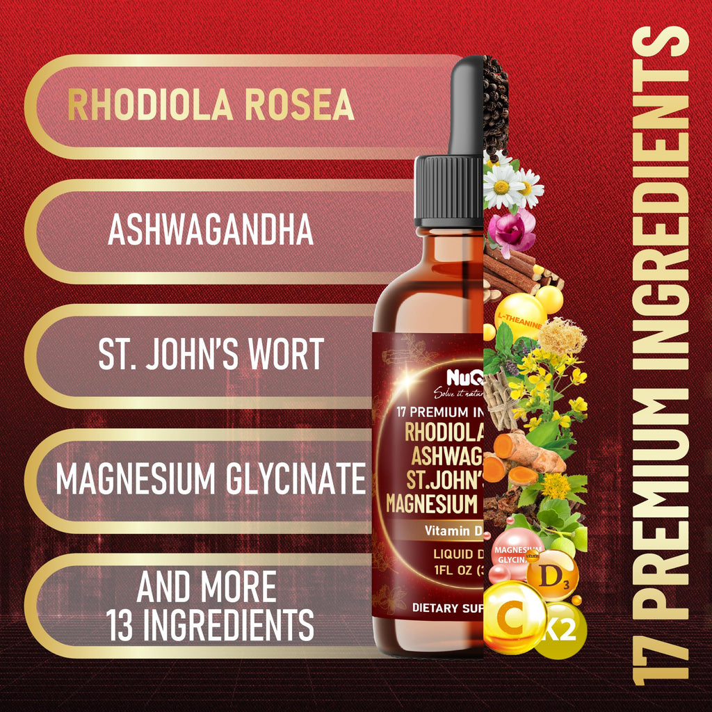 NUQIIT 17in1 Rhodiola Rosea Liquid Drops Tincture w/Ashwagandha Magnesium, L-Theanine. Ultra Rhodiola Cortisol Supplement, Rhodiola Root for Mood, Energy - 1 FL Oz - 60 Day Supply NUQIITBuy Supplements Australia