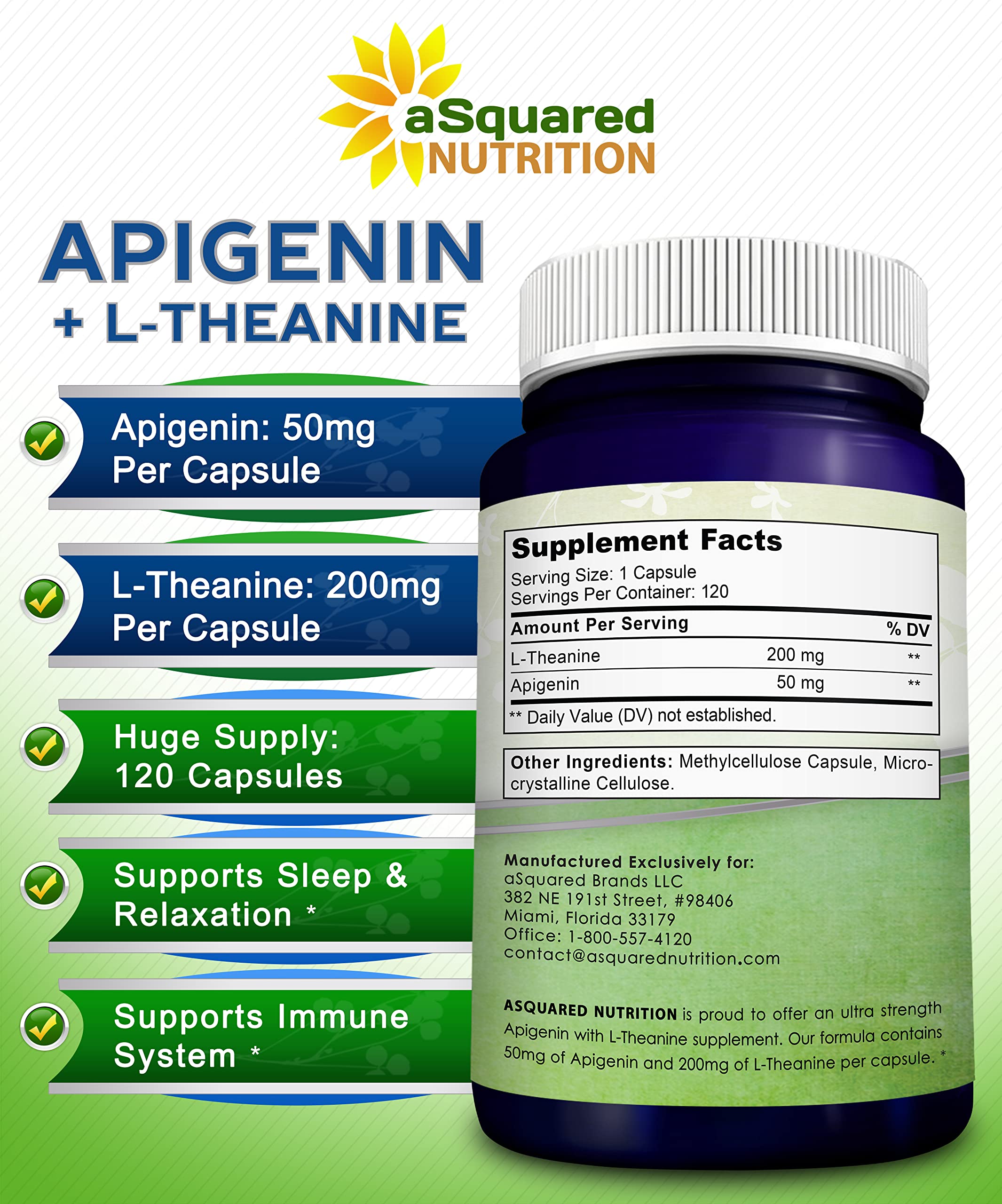 aSquared Nutrition Apigenin 50mg & L-Theanine 200mg - 120 Capsules - Apigenin Supplement Pills for Sleep and Relaxation