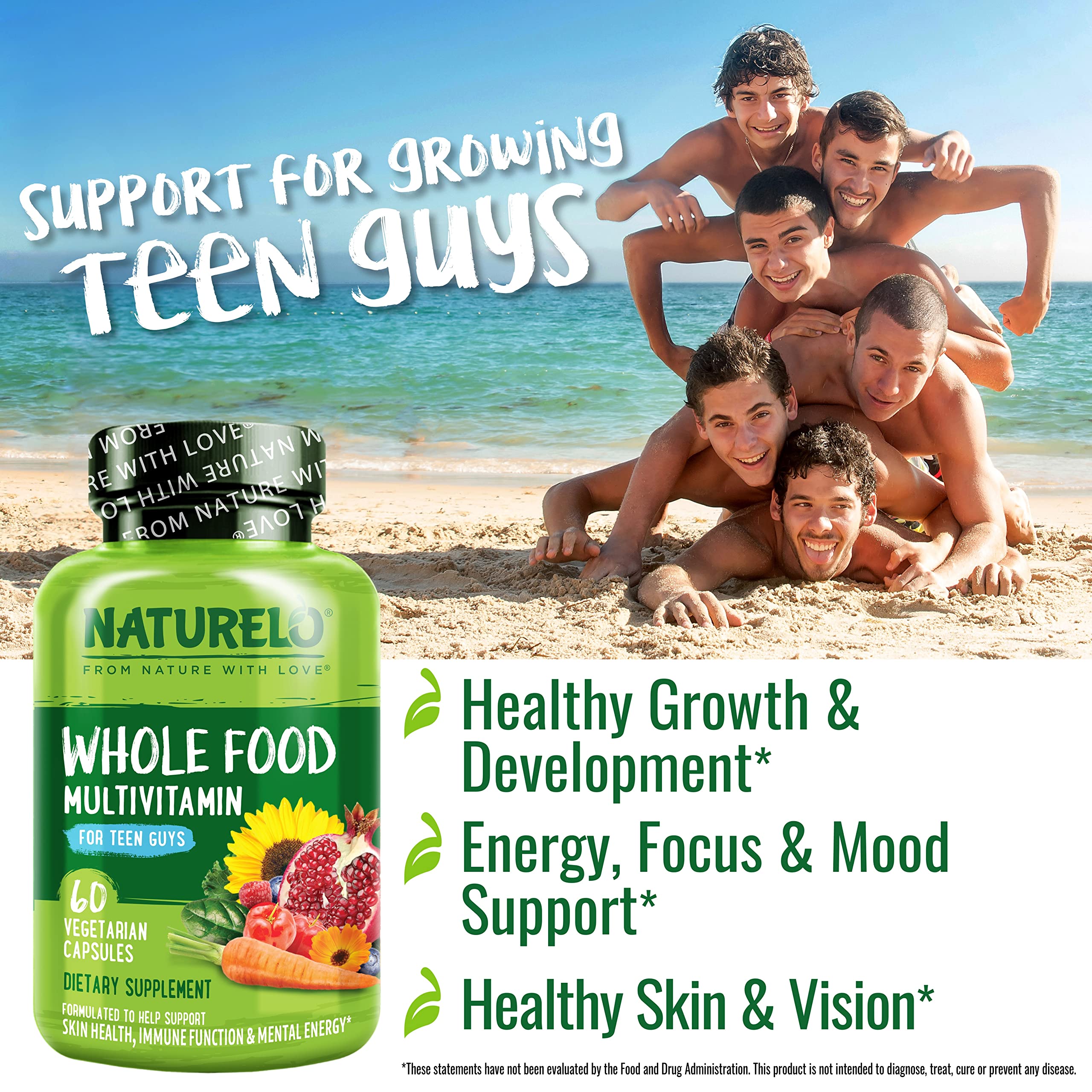 NATURELO Teen Multivitamin - Whole Food Multivitamin for Teenage Boys - Minerals Supplement for Active Kids