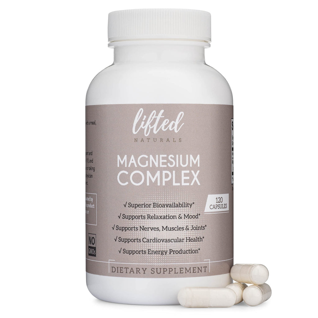 Supplement bottle labeled 'Magnesium Complex' by 'lifted naturals' on a white background