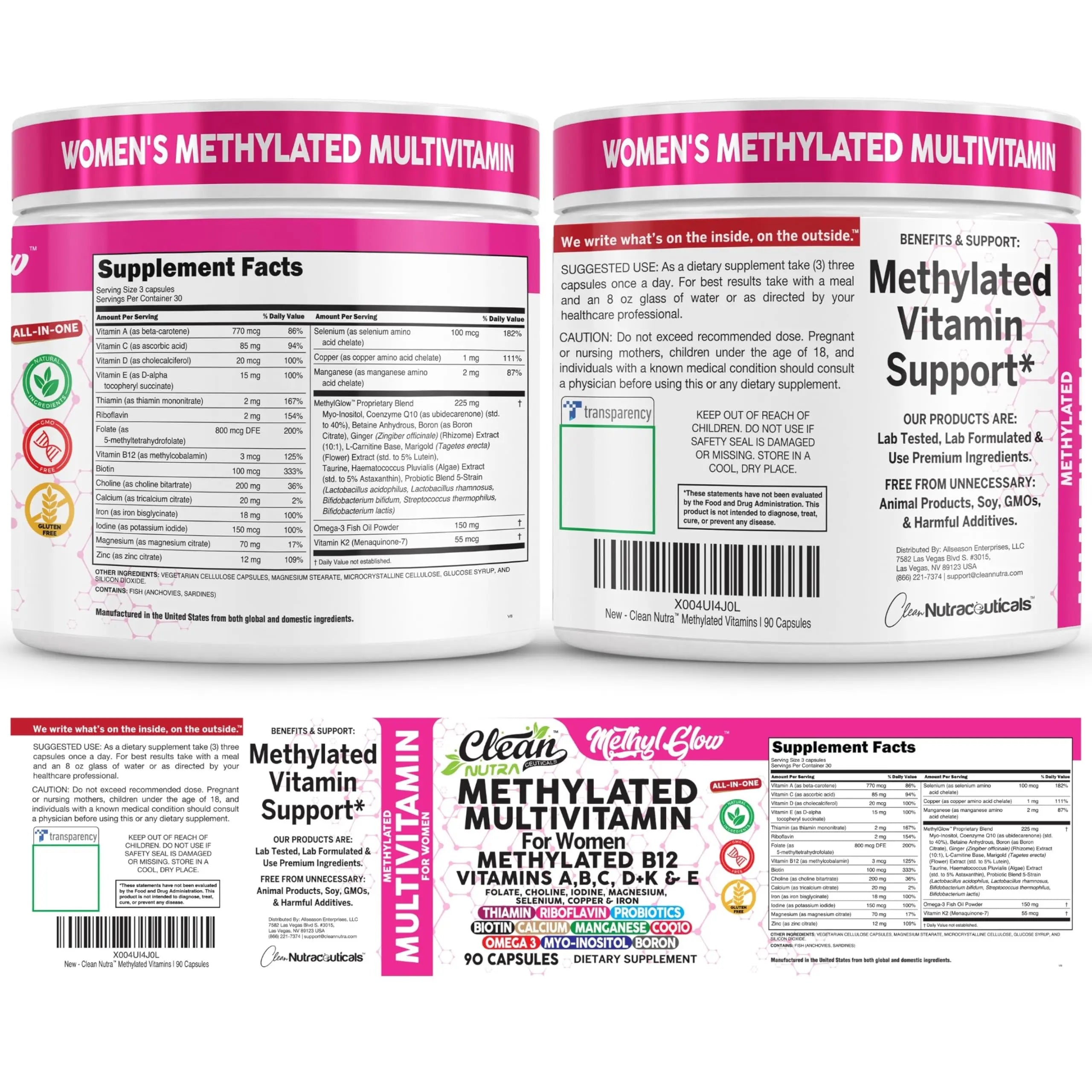 Methylated Multivitamin for Women Vitamins B6 Methyl B12 A B C D K E Folate Choline Omega 3 Thiamine Riboflavin Iron Clean Nutraceuticals