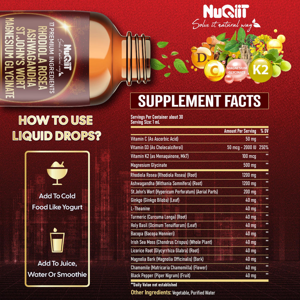 NUQIIT 17in1 Rhodiola Rosea Liquid Drops Tincture w/Ashwagandha Magnesium, L-Theanine. Ultra Rhodiola Cortisol Supplement, Rhodiola Root for Mood, Energy - 1 FL Oz - 60 Day Supply NUQIITBuy Supplements Australia