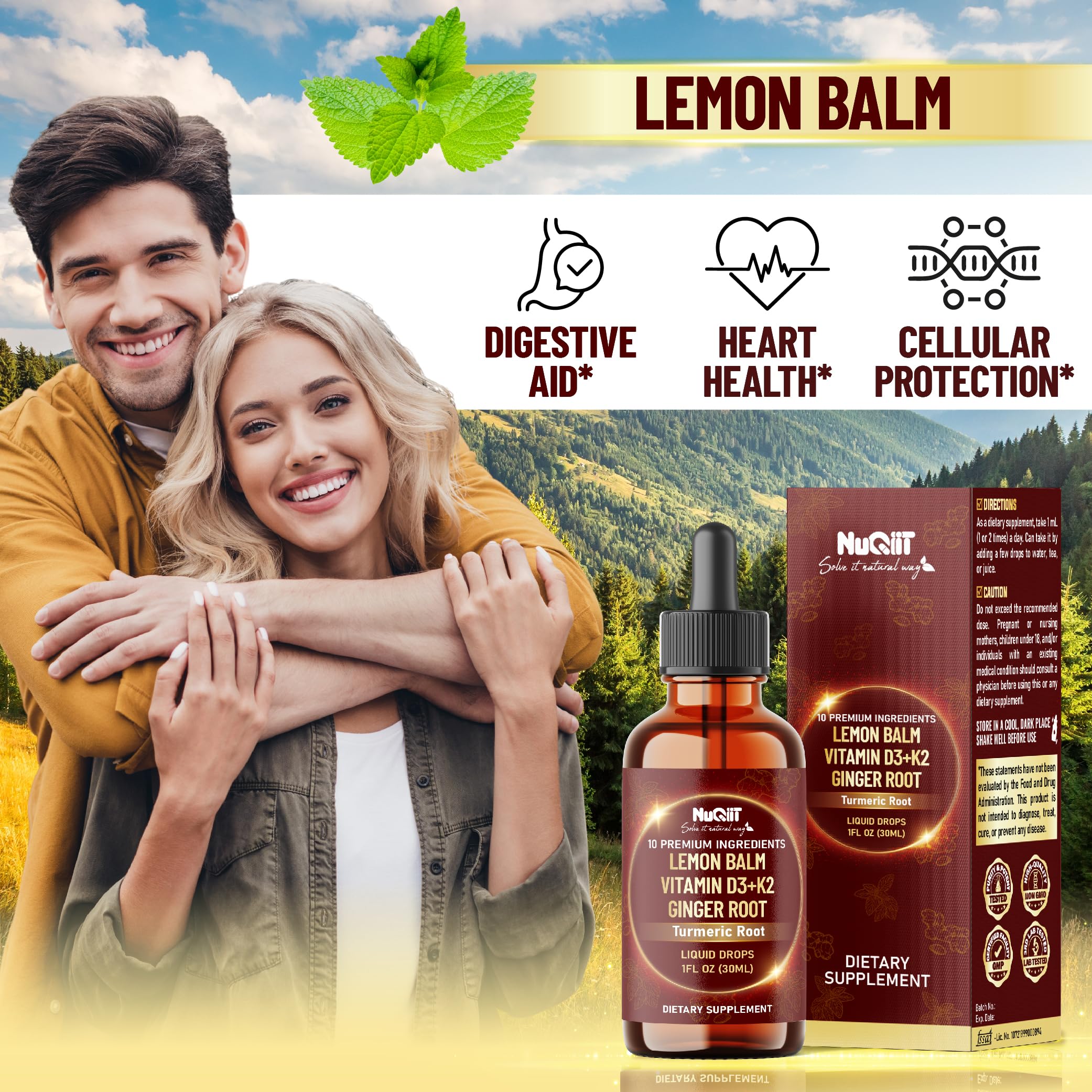 NUQIIT 10in1 Lemon Balm Tincture Blend Includes Vitamin D3, Vitamin K2, Lemon Balm, Ginger, Turmeric, Ceylon Cinnamon and More - 1 FL Oz - 60 Day Supply NUQIITBuy Supplements Australia