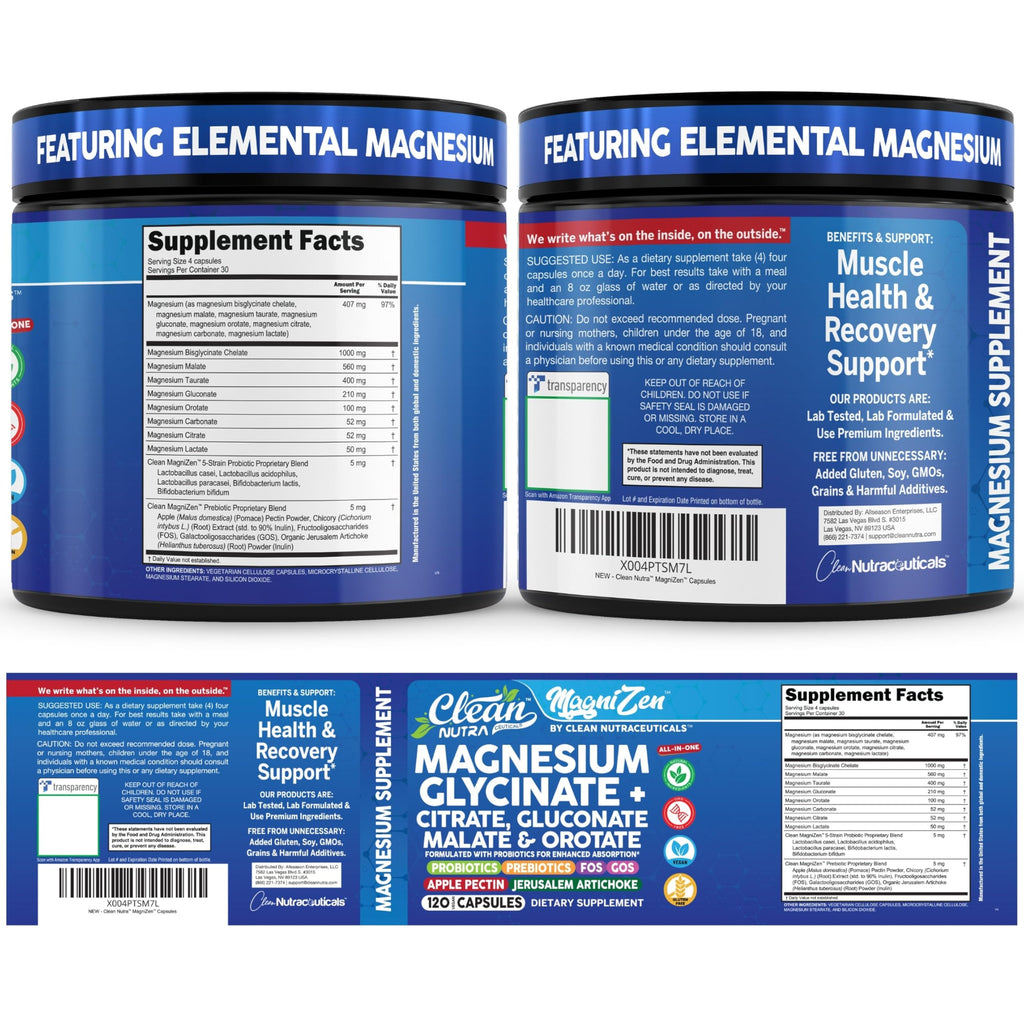 Clean Nutra Magnesium Glycinate Citrate Malate Orotate Taurate Supplement Complex + 10 Strain Probiotic Prebiotics FOS GOS Inulin Sleep Calm Support Apple Pectin – 120 Vegan Capsules Clean Nutraceuticals buy supplements Au