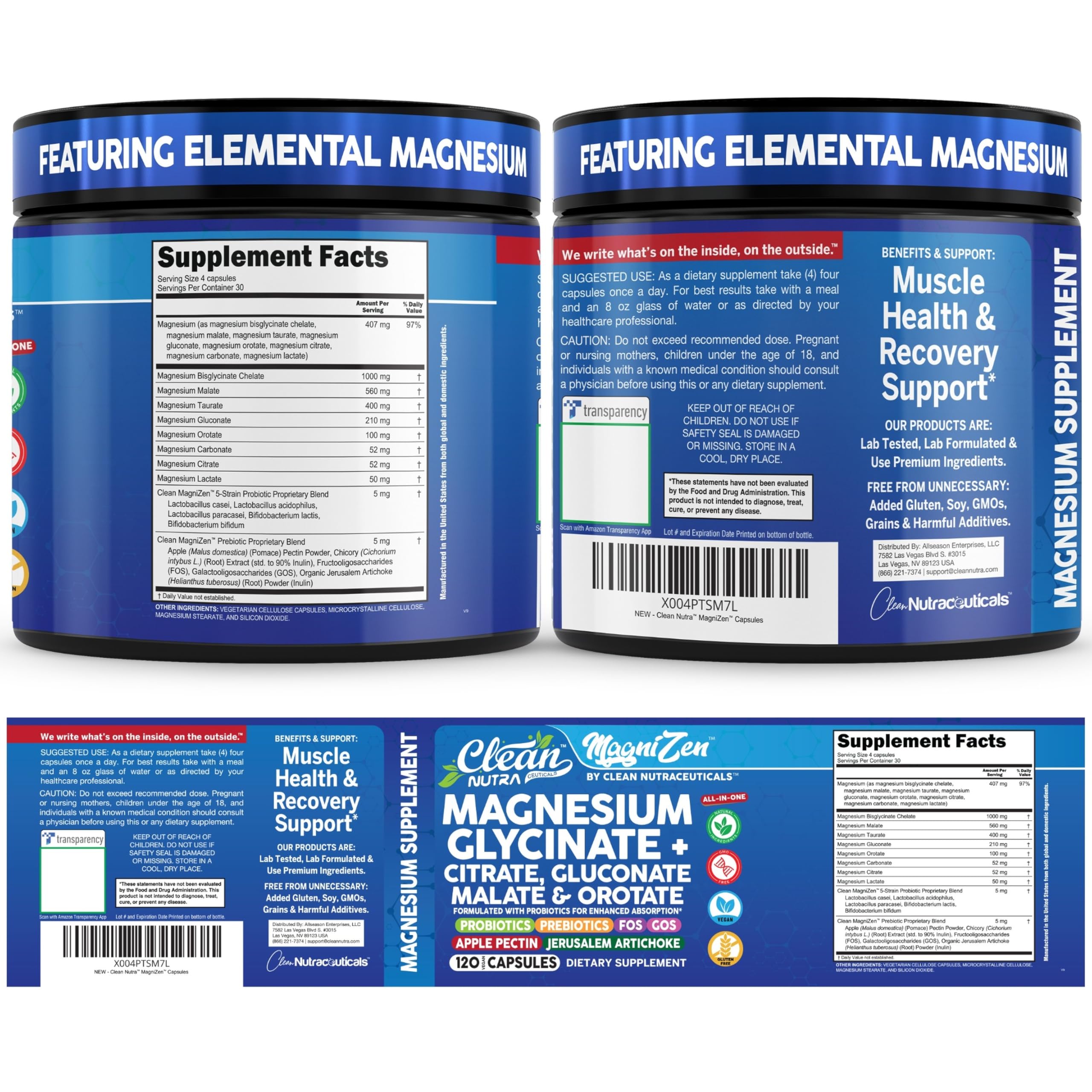Clean Nutra Magnesium Glycinate Citrate Malate Orotate Taurate Supplement Complex + 10 Strain Probiotic Prebiotics FOS GOS Inulin Sleep Calm Support Apple Pectin – 120 Vegan Capsules Clean Nutraceuticals buy supplements Au