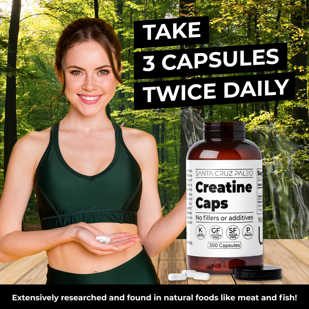 Santa Cruz Paleo Creatine Capsules, Supports Muscle Growth & Energy, Gluten Free, Keto, Sugar Free, Paleo, No Fillers or Additives, Creatine Monohydrate Pills,