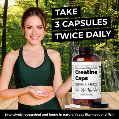 Santa Cruz Paleo Creatine Capsules, Supports Muscle Growth & Energy, Gluten Free, Keto, Sugar Free, Paleo, No Fillers or Additives, Creatine Monohydrate Pills,