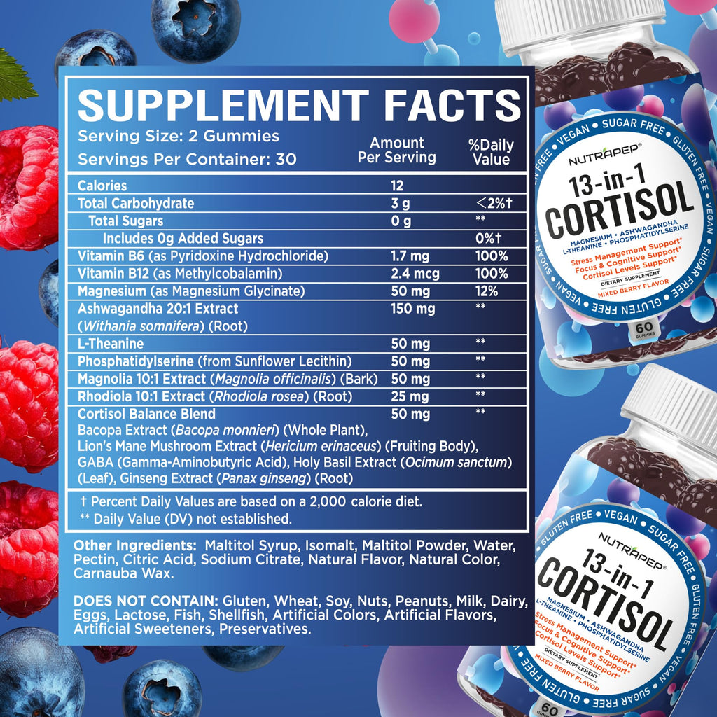 NutraPep Cortisol Gummies for Women Men - 13-in-1 High Cortisol Reducer with Ashwagandha Magnesium L-theanine Rhodiola Rosea - Daily Cortisol Detox Manager for Stress Focus Support - Vegan Sugar Free