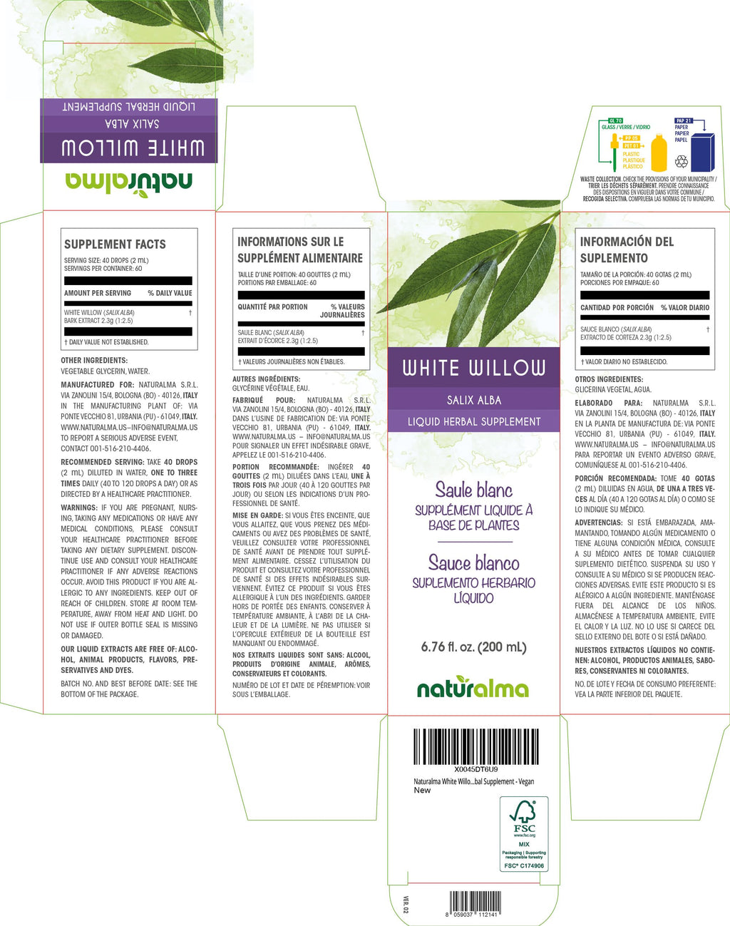 Naturalma White Willow (Salix alba) bark Alcohol-Free Tincture - 6.76 fl oz Liquid Extract in Drops - Herbal Supplement - Vegan NaturalmaBuy Supplements Australia