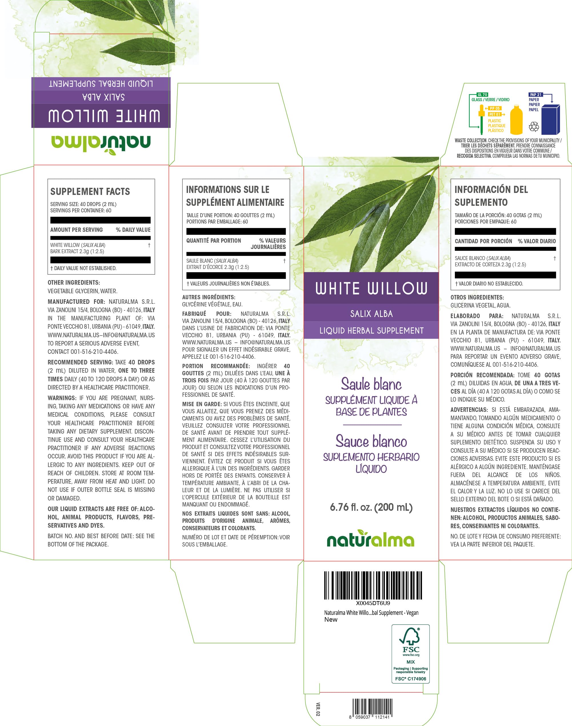 Naturalma White Willow (Salix alba) bark Alcohol-Free Tincture - 6.76 fl oz Liquid Extract in Drops - Herbal Supplement - Vegan NaturalmaBuy Supplements Australia