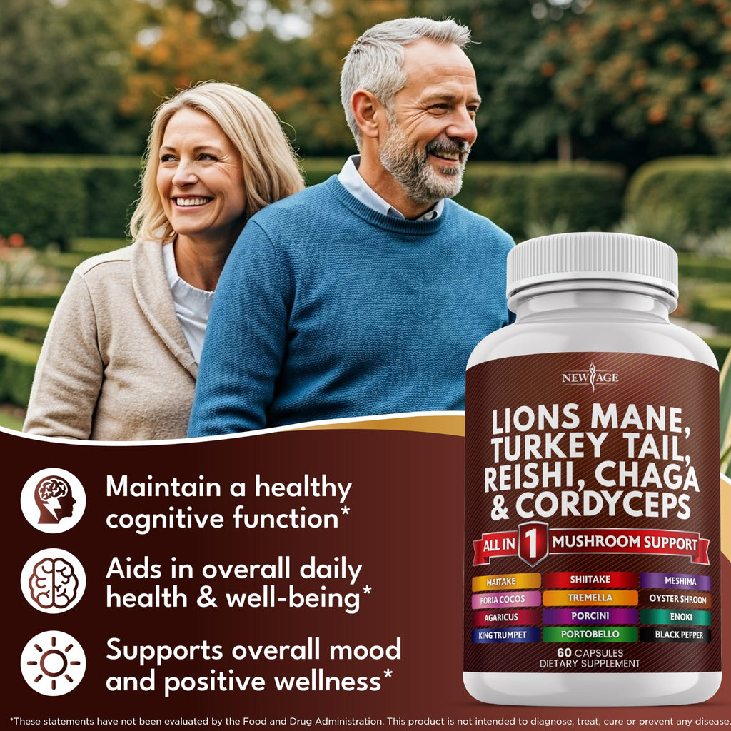 NEW AGE Lions Mane Mushroom Supplement with Turkey Tail Reishi Cordyceps Chaga with Marshmallow Root - 120 Count