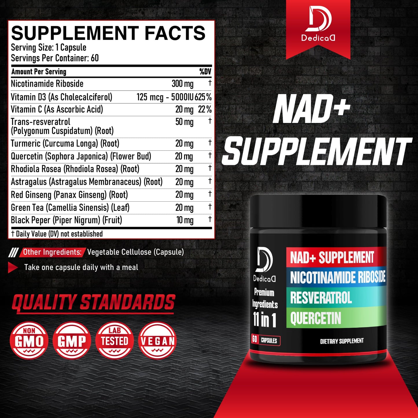 DEDICAD 11in1 NAD Supplement with Nicotinamide Riboside, Quercetin, Resveratrol and 8 More - 2 Month Supply DEDICAD buy supplements Au