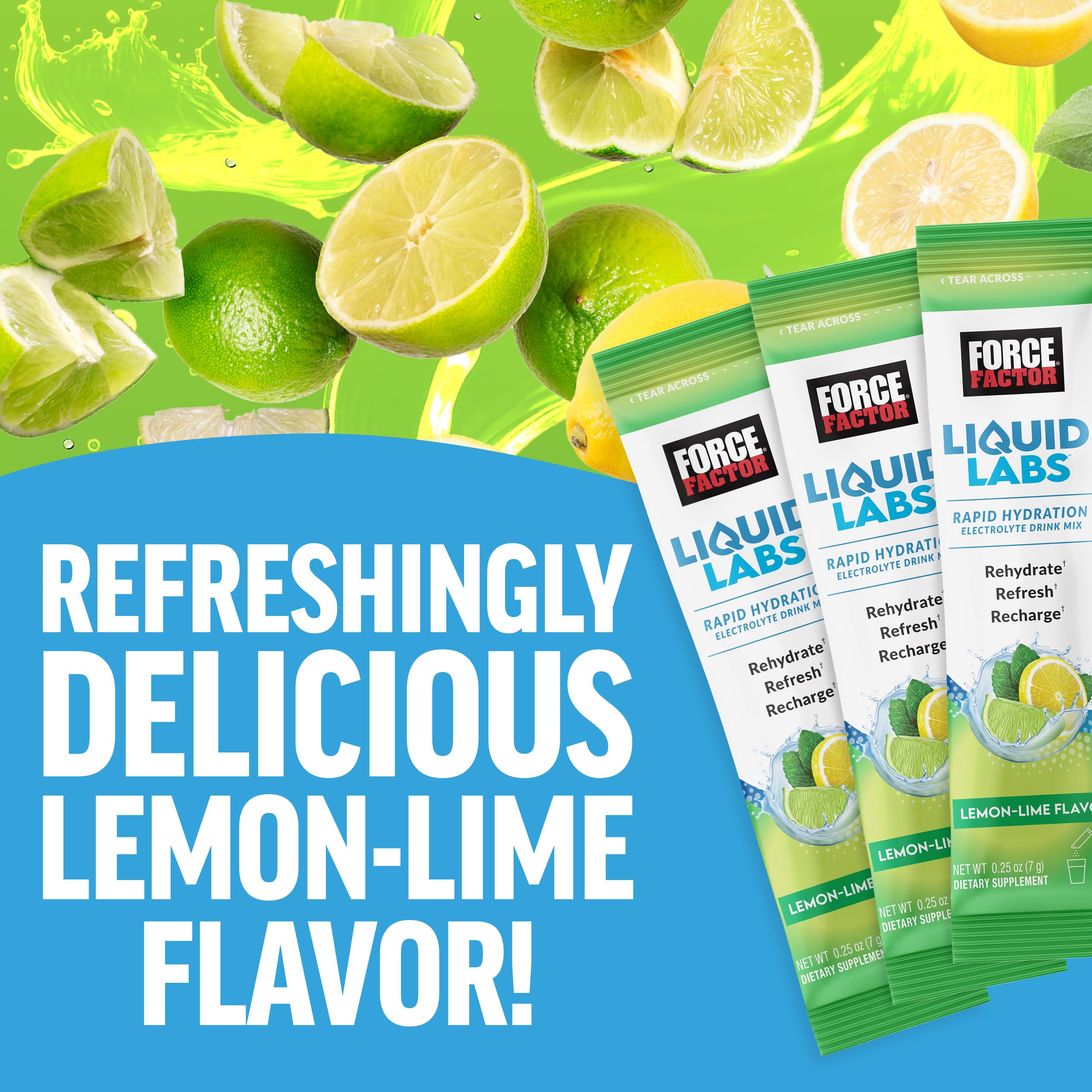 Force Factor Liquid Labs Electrolytes Powder Packets—Lemon Lime—Hydration Packets to Make Electrolyte Water with 5 Essential Electrolytes, Vitamins, Minerals