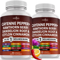 Two bottles of New Age Cayenne Pepper + Hawthorn Berry, Dandelion Root & Ceylon Cinnamon supplement on a white background.