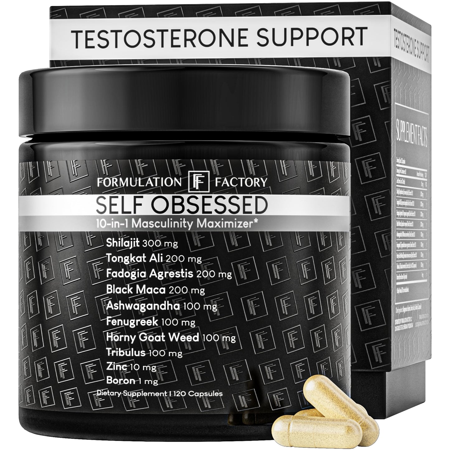Formulation Factory Self Obsessed 10-in-1 Natural Booster for Men, Supplement for Men with Shilajit, Tongkat Ali, Fadogia Agrestis, 120 Capsules, 2 Month Supply