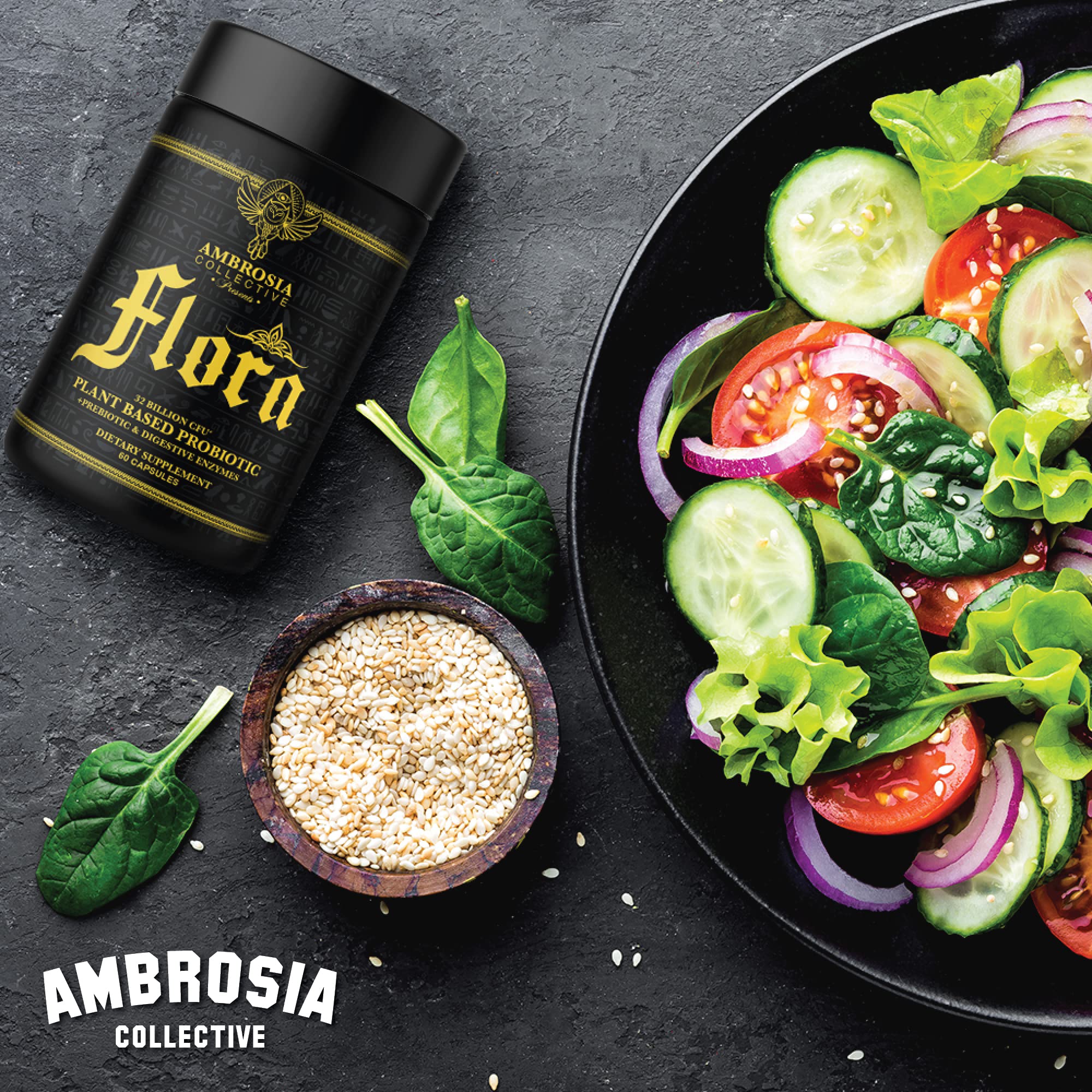 Ambrosia Flora Digestive Enzymes with Probiotics & Prebiotics | 32 Billion CFU Gut Health Supplement | Plant Based, Vegan Probiotic | 60 Veggie Capsules (30 Servings)