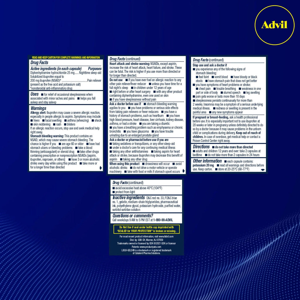 Advil PM Liqui-Gels Pain Reliever and Nighttime Sleep Aid, Pain Medicine with Ibuprofen for Pain Relief and Diphenhydramine HCL for a Sleep Aid - 2x80 Liquid Filled Capsules AdvilBuy Supplements Australia