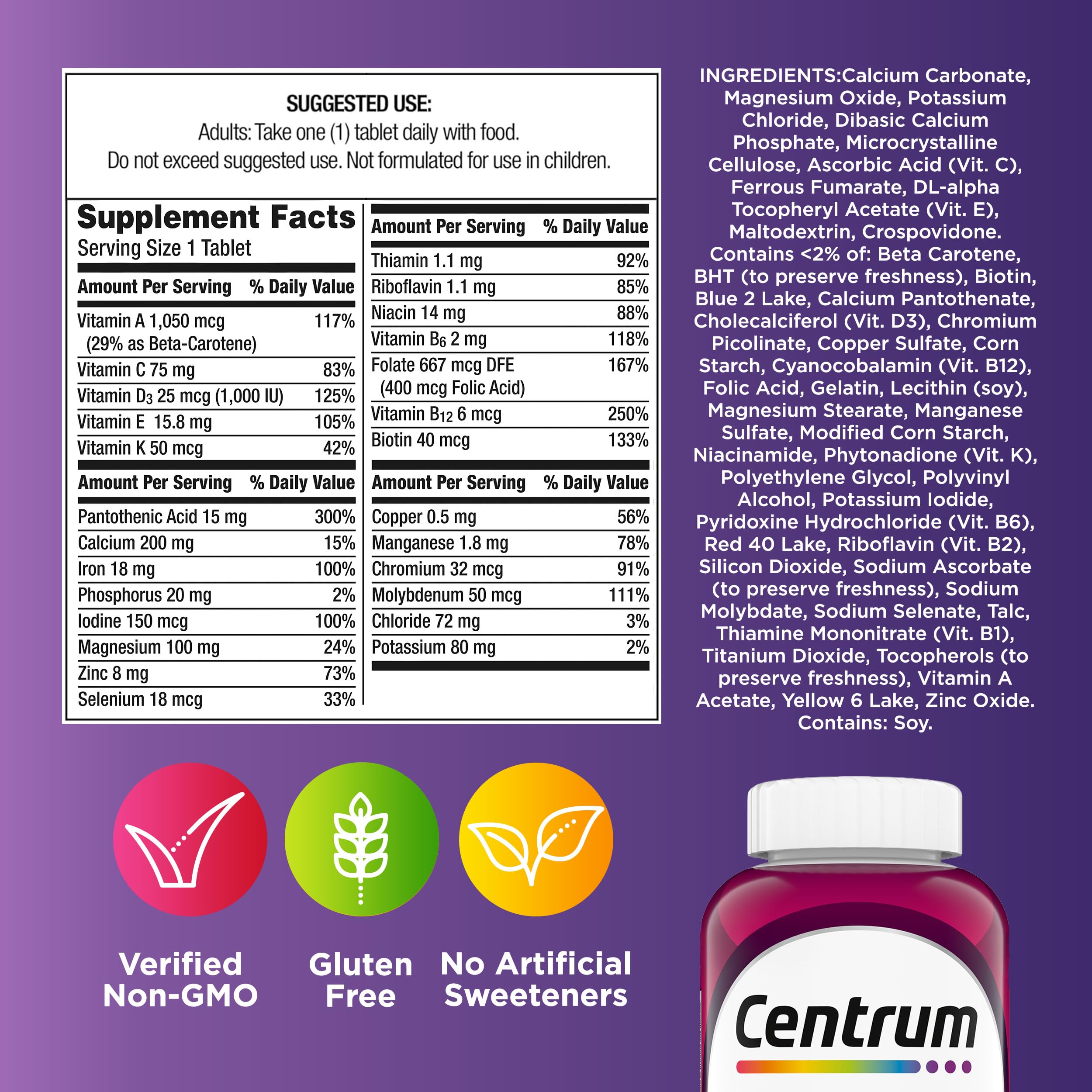 Centrum Multivitamin for Women, Multimineral Supplement with Iron, Vitamin D3, B Vitamins and Antioxidant Vitamins C and E, Gluten Free