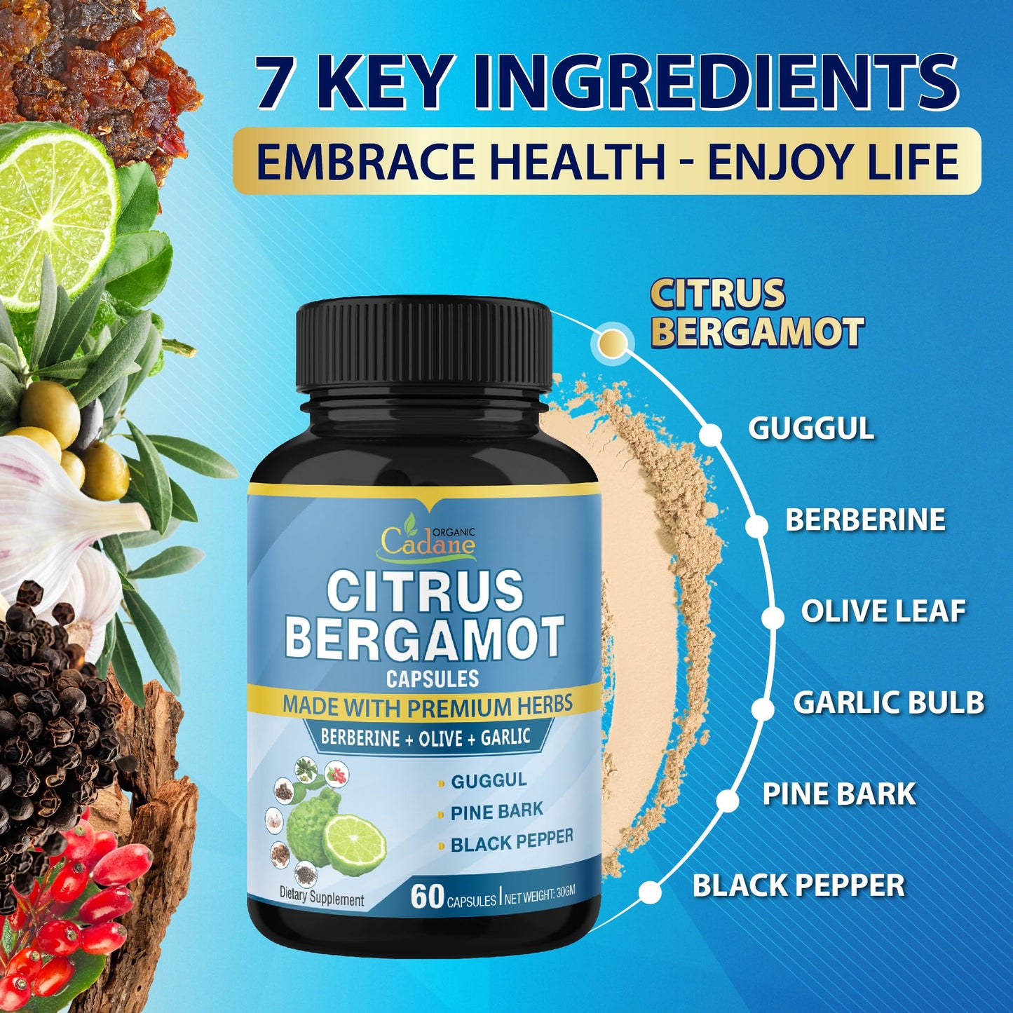 Cadane 2 Packs Citrus Bergamot Extract Capsules with Berberine, Olive, Guggul, Garlic, Pine Bark, Black Pepper | 4 Months Supply