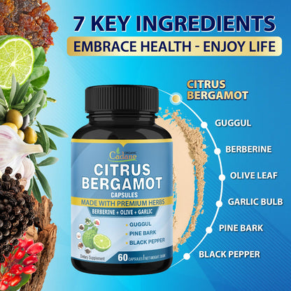 Cadane 2 Packs Citrus Bergamot Extract Capsules with Berberine, Olive, Guggul, Garlic, Pine Bark, Black Pepper | 4 Months Supply