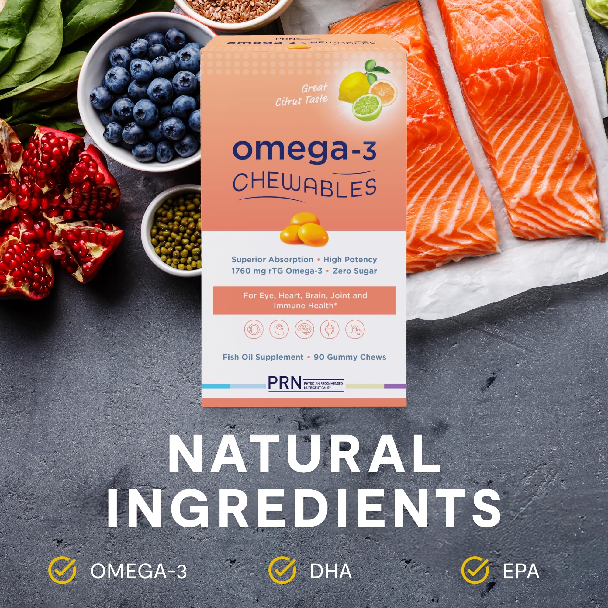 Omega 3 Gummy Chewables - 90 Gel Chews, 30-Day Supply, Citrus Flavor - 1760mg Ultra-Pure rTG Omega 3 for Eye, Heart, Brain, Joint & Immune Health PRN Physician Recommended NutriceuticalsBuy Supplements Australia