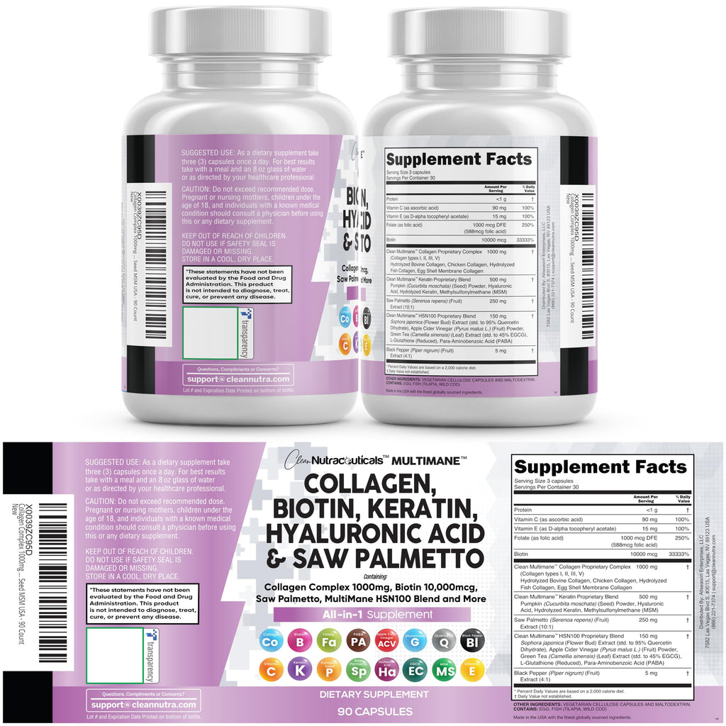 Clean Nutraceuticals Collagen Pills 1000mg Biotin 10000mcg Keratin Saw Palmetto Hyaluronic Acid - Hair Skin & Nails Vitamins & DHT Blocker with Vitamin E Folic Acid