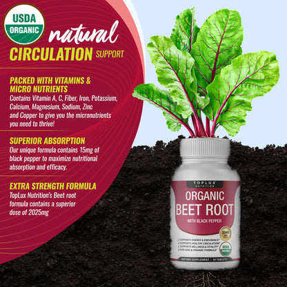 Toplux Organic Beet Root Powder Tablets - 2040mg Natural Nitric Oxide Beets to Support, Energy, Black Pepper Better Absorption, Non-GMO, for Men Women, 90 Tablets