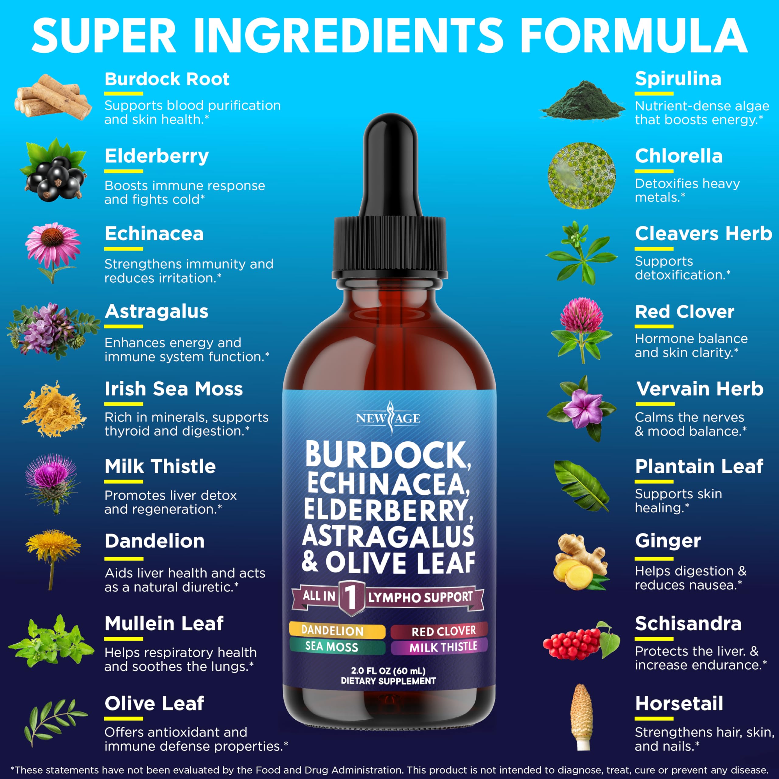 NEW AGE Lymphatic Drainage Supplement - Burdock Lymphatic Support Drops - Burdock Root, Mullein, Echinacea, Elderberry, Dandelion, Astragalus, Milk Thistle, Red Clover - 4 oz NEW AGE buy supplements Au